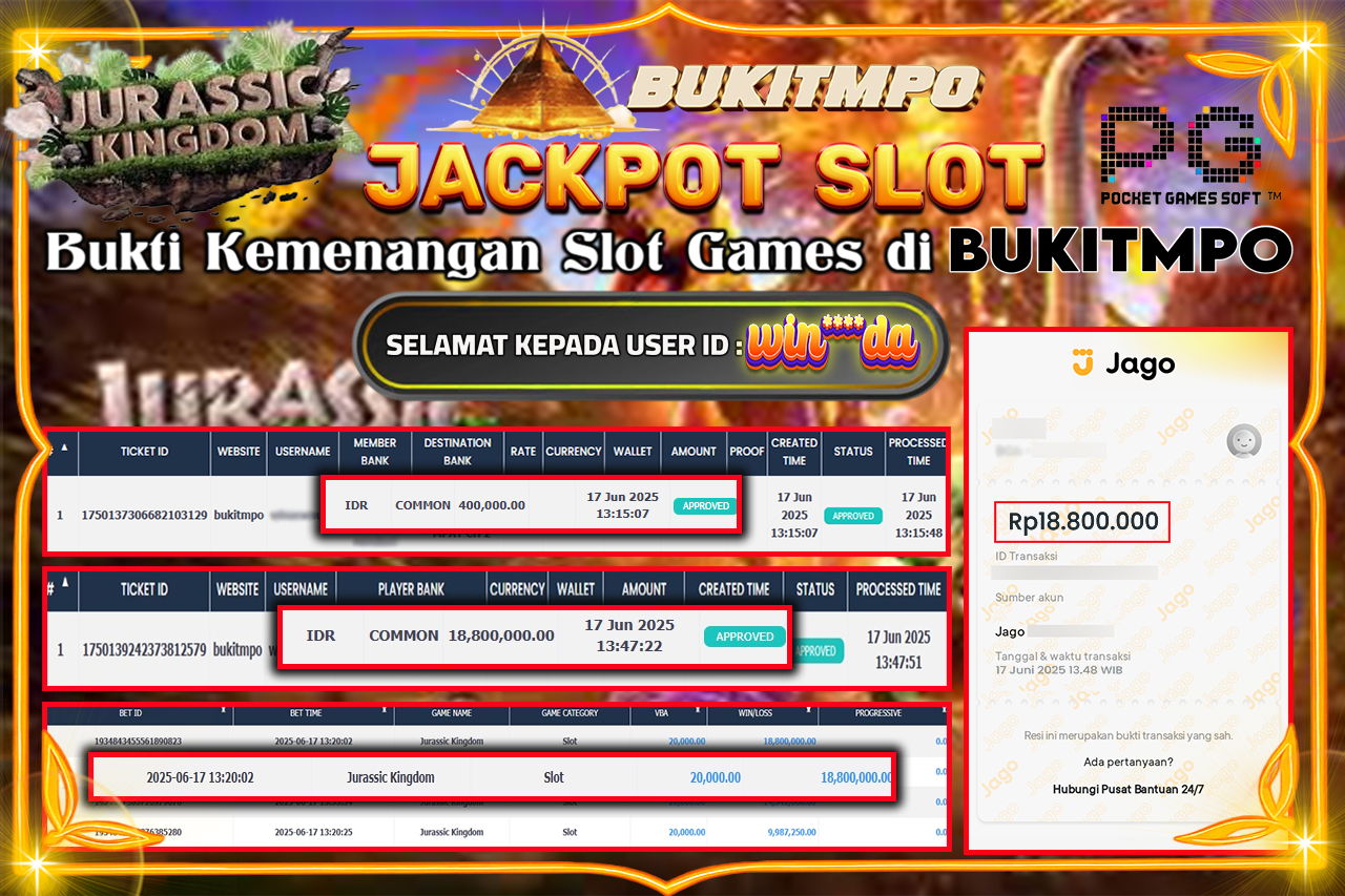 BUKITMPO JACKPOT JURASSIC KINGDOM Rp.18.800.000,-  LUNAS